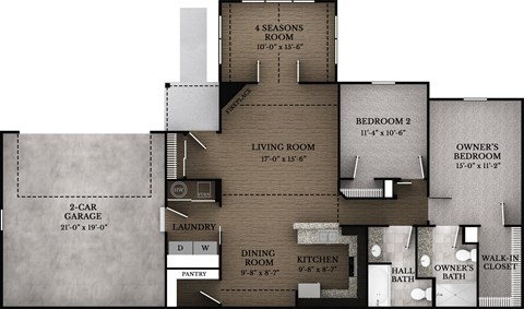 Floor plan for 2 beds, 2 baths, 1254 sqft
